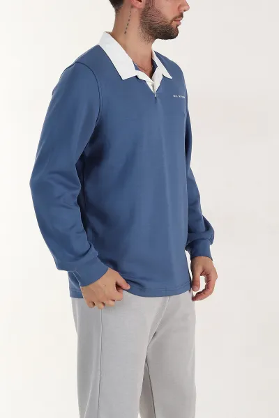 Mavi Relaxed Fit Oysho Kumaş Kabartma Yazılı Polo Yaka Erkek Sweatshirt 399587