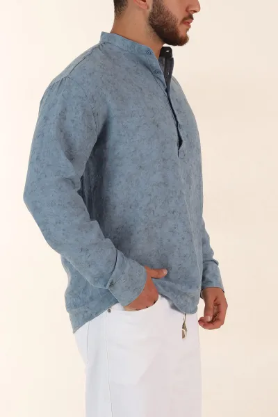 Mavi Relaxed Fit Yarım Düğmeli Hakim Yaka Uzun Kollu Erkek Gömlek 369361