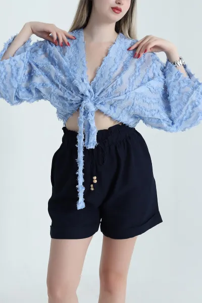 Mavi Saçaklı Kimono Kadın Bluz 467011