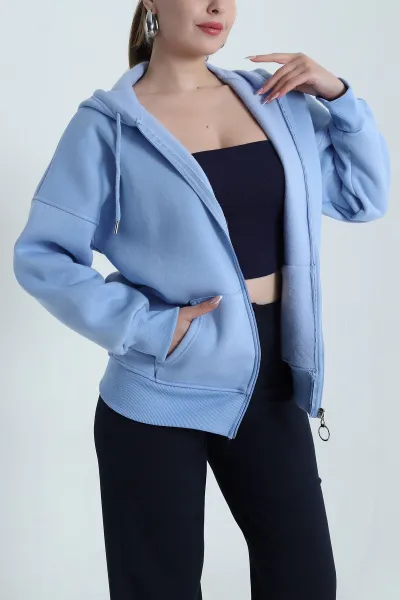 Mavi Şardonlu Üç İp Fermuarlı Kadın Sweat 484569
