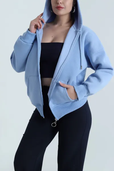 Mavi Şardonlu Üç İp Fermuarlı Kadın Sweat 484569