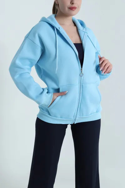 Mavi Şardonlu Üç İp Fermuarlı Kadın Sweat 485280