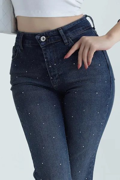 Mavi Serpme Taşlı Likralı Kadın Mom Kot Pantolon 486765