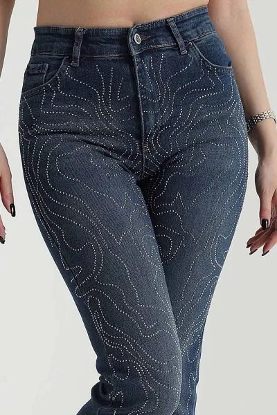 Mavi Serpme Taşlı Likralı Mom Kadın Pantolon 422626