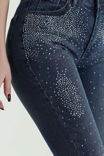 Mavi Serpme Taşlı Likralı Mom Kadın Pantolon 422627