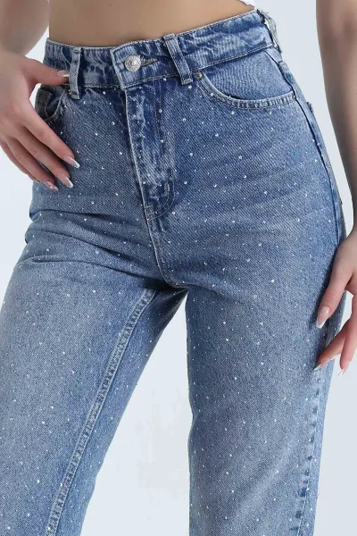 Mavi Serpme Taşlı Mom Kadın Kot Pantolon 457266