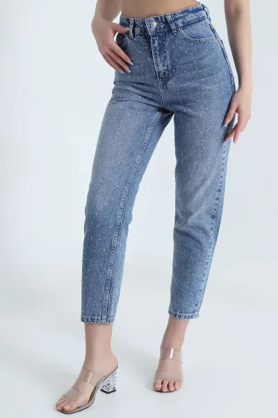 Mavi Serpme Taşlı Mom Kadın Kot Pantolon 457266