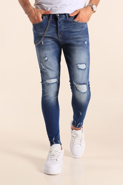 Mavi Skinny Fit Likralı Yırtık Zincir Detay Erkek Kot Pantolon 190438