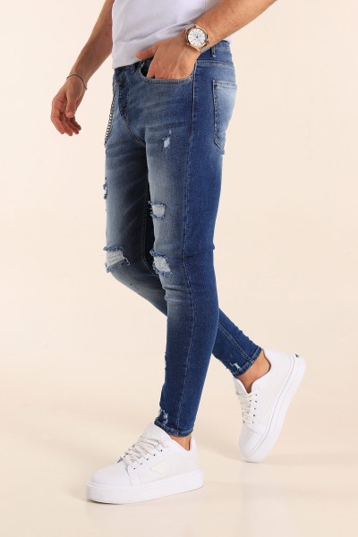 Mavi Skinny Fit Likralı Yırtık Zincir Detay Erkek Kot Pantolon 190438