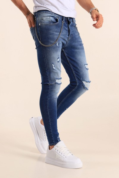 Mavi Skinny Fit Likralı Yırtık Zincir Detay Erkek Kot Pantolon 190438