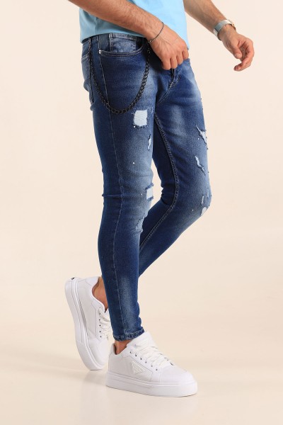 Mavi Skinny Fit Likralı Yırtık Zincir Detay Erkek Kot Pantolon 190440