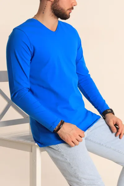 Mavi Slim Fit V Yaka Likralı Basic Erkek Sweatshirt 234985