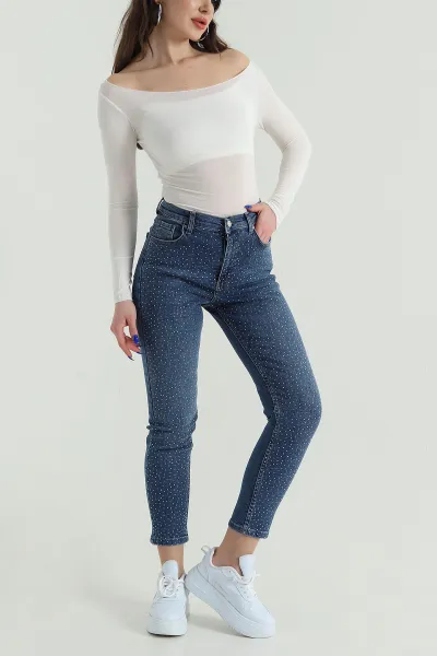 Mavi Taşlı Cepli Mom Kadın Kot Pantolon 424161