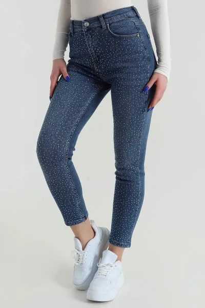 Mavi Taşlı Cepli Mom Kadın Kot Pantolon 424161