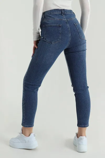 Mavi Taşlı Cepli Mom Kadın Kot Pantolon 424161