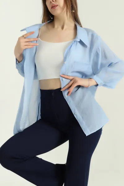 Mavi Tek Cep Oversize Dokuma Bayan Gömlek 336957