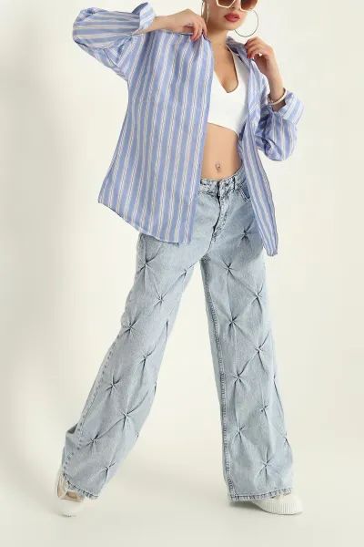 Mavi Tek Cep Oversize Tunik Gömlek 286272