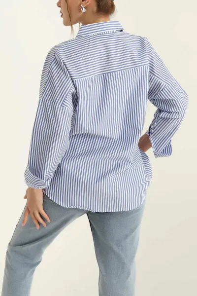 Mavi Tek Cep Oversize Tunik Gömlek 286278