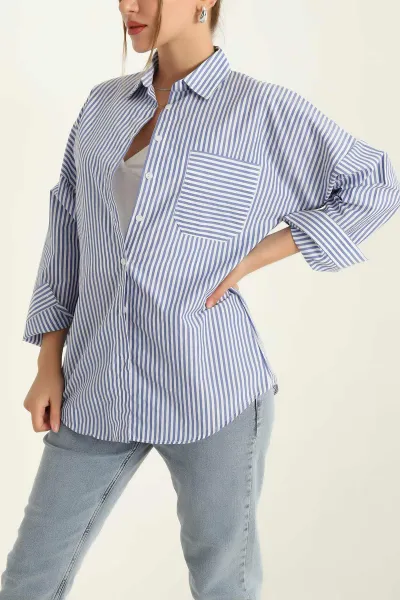 Mavi Tek Cep Oversize Tunik Gömlek 286278