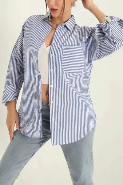 Mavi Tek Cep Oversize Tunik Gömlek 286278