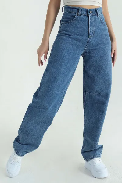 Mavi Tokalı Cepli Baggy Kadın Kot Pantolon 375576