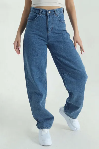 Mavi Tokalı Cepli Baggy Kadın Kot Pantolon 375576