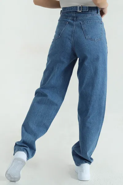 Mavi Tokalı Cepli Baggy Kadın Kot Pantolon 375576