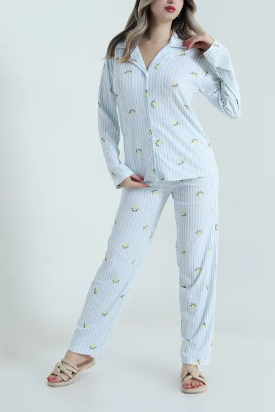 Mavi Uzun Kol Düğmeli Pegasus Kadın Pijama Takımı 499819
