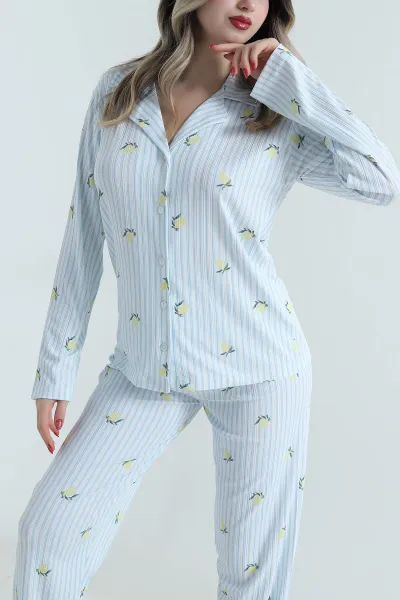 Mavi Uzun Kol Düğmeli Pegasus Kadın Pijama Takımı 499819