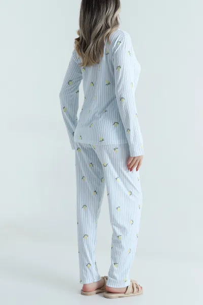 Mavi Uzun Kol Düğmeli Pegasus Kadın Pijama Takımı 499819