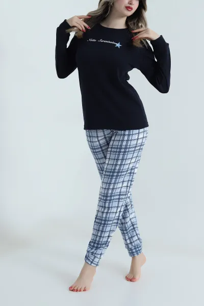 Mavi Uzun Kollu İnterlok Kadın Pijama Takımı 499827