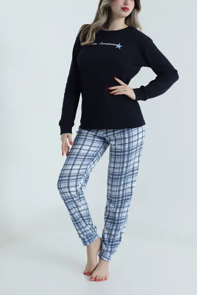 Mavi Uzun Kollu İnterlok Kadın Pijama Takımı 499827
