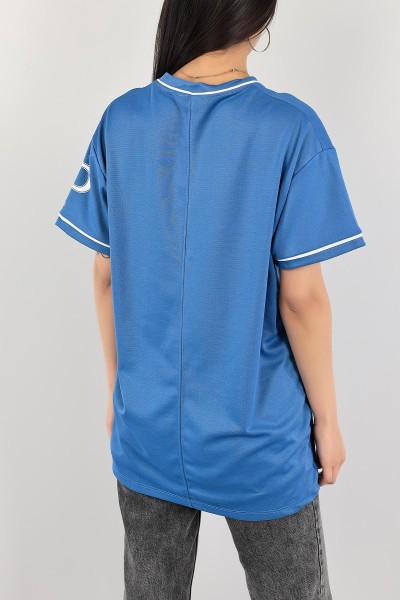 Mavi V Yaka Baskılı Oversize Tişört 110544
