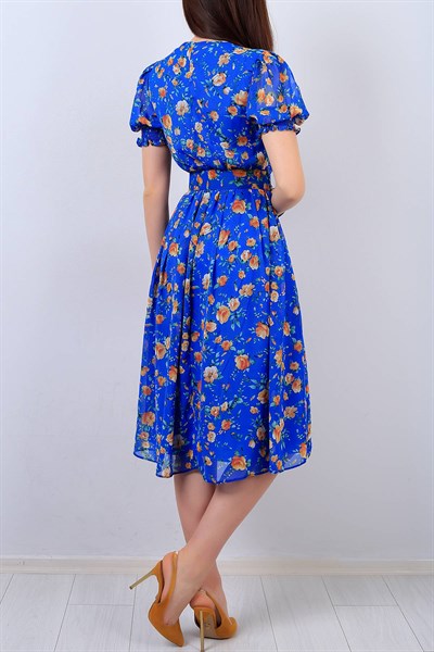 Mavi V Yaka Desenli Bayan Şifon Elbise 14443B