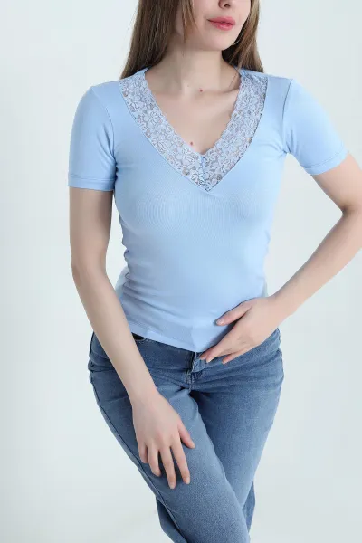 Mavi Yakası Dantelli Buzzy Kadın Bluz 442714