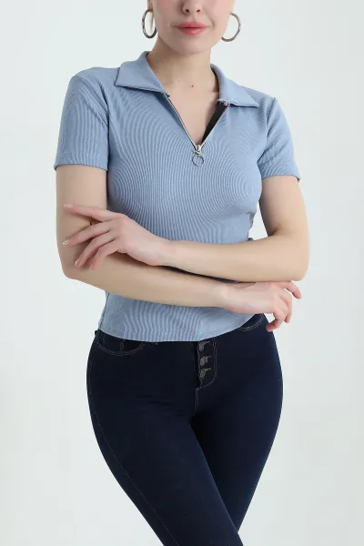 Mavi Yakası Fermuarlı Fitilli Kadın Tişört 433817