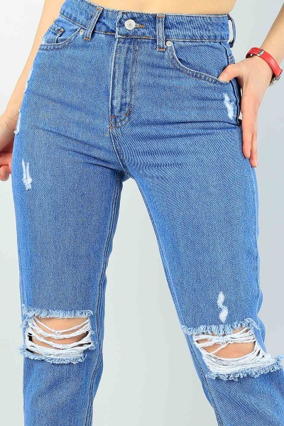 Mavi Yan Yırtmaçlı Mom Bayan Kot Pantolon 61466