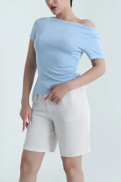 Mavi Yanı Büzgülü Kadın Bluz 465398