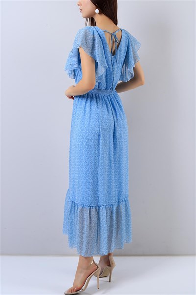 Mavi Yaprak Desenli Bayan Şifon Elbise 15800B