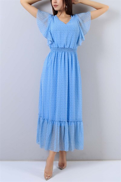 Mavi Yaprak Desenli Bayan Şifon Elbise 15800B