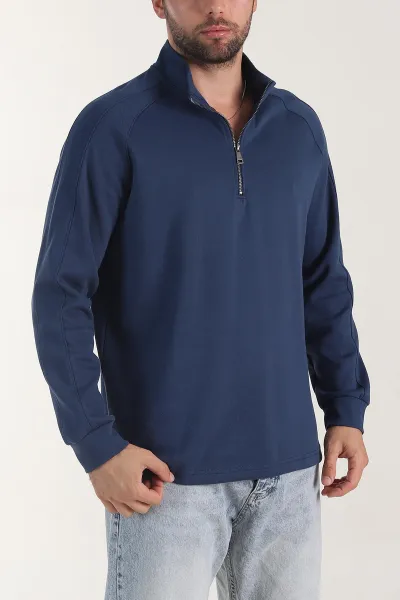 Mavi Yarım Fermuarlı Dik Yaka Erkek Sweatshirt 404802