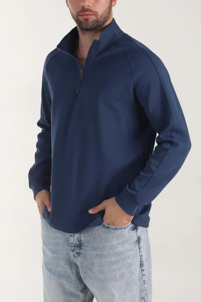 Mavi Yarım Fermuarlı Dik Yaka Erkek Sweatshirt 404802