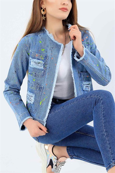 Mavi Yırtık Detay Tasarım Bayan Kot Ceket 27498B