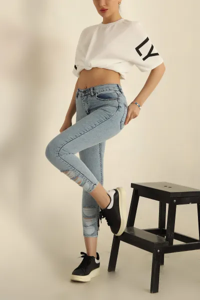 Mavi Yırtık Likralı Kot Pantolon 259595