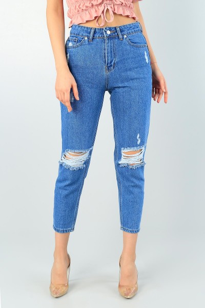 Mavi Yırtık Mom Bayan Kot Pantolon 61465