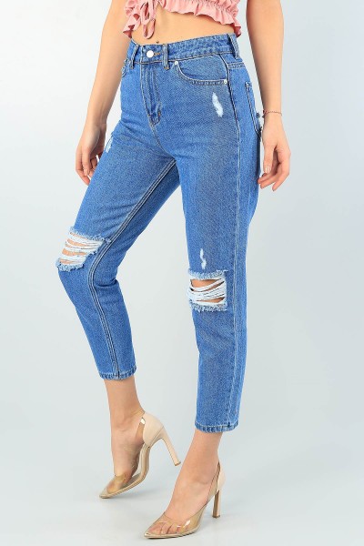 Mavi Yırtık Mom Bayan Kot Pantolon 61465