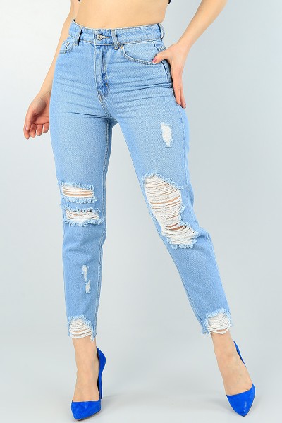 Mavi Yırtık Mom Bayan Kot Pantolon 62759