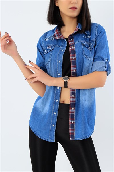 Mavi Yırtık Tasarımlı Bayan Kot Gömlek 29455B