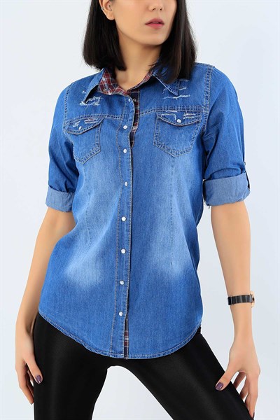 Mavi Yırtık Tasarımlı Bayan Kot Gömlek 29455B