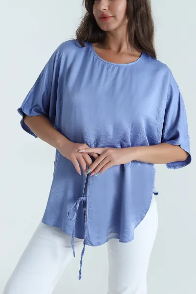 Mavi Yırtmaçlı Saten Kadın Bluz 471549